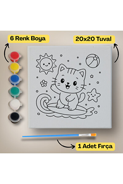 hediye hobim 20x20 Çocuklar İçin Boyama Tuvali Seti – 6 Renk Boya + Fırça Dah...