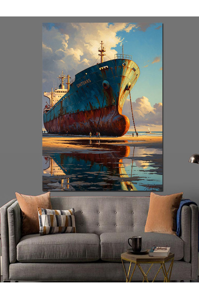 Artmeg Pânză decorativă cu navă de marfă reflectând pe mare - Masă din lemn MDF