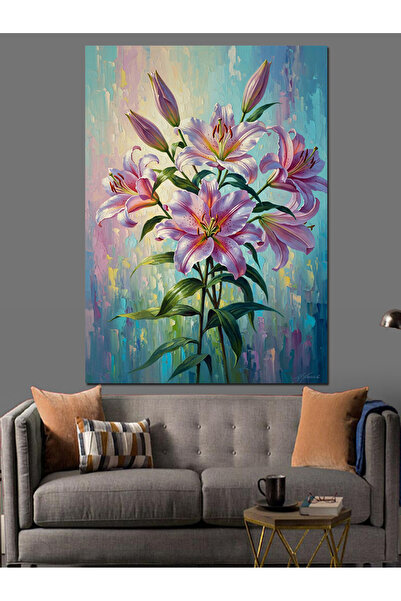 Artmeg Vazo İçinde Pembe Zambak Çiçekleri Dekoratif Kanvas - Mdf Ahşap Tablo