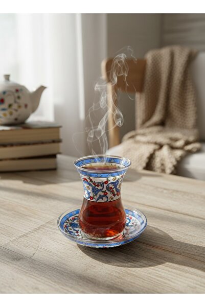 KÜTAHYA HOME Glass Tea Cup and Saucer Set with Turkish Motif Patterns - 4 Pie...