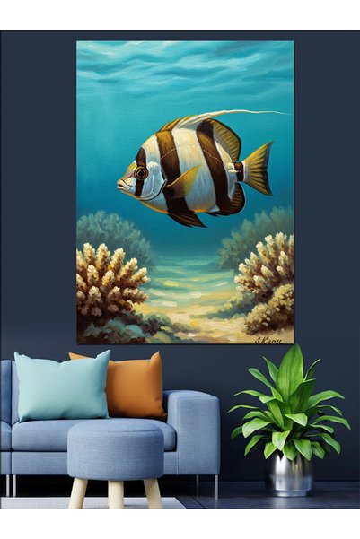 Artmeg Pânză decorativă cu pești tropicali colorați care plutesc pe recifuri ...