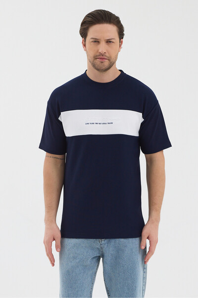 WERRONİ Men's Navy Blue Color White Part Modern Design Slim Fit T-Shirt
