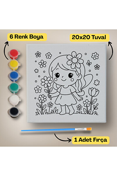 hediye hobim 20x20 Çocuklar İçin Boyama Tuvali Seti – 6 Renk Boya + Fırça Dah...