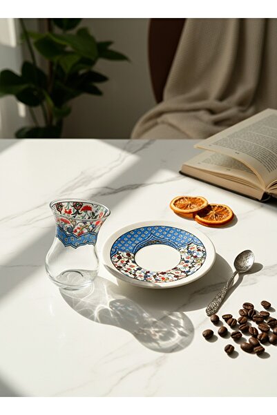 KÜTAHYA HOME Glass Tea Cup and Saucer Set with Turkish Motif Patterns - 4 Pie...