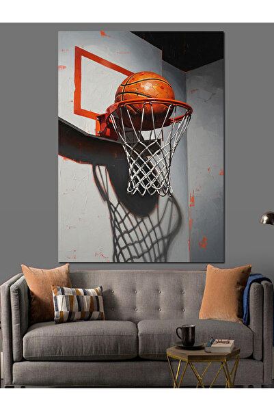 Artmeg Basketbol Potası Ve Topun Gölgesi Dekoratif Kanvas - Mdf Ahşap Tablo