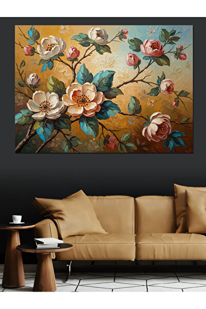 Artmeg Ramuri de flori roz în stil clasic, pânză decorativă - Tablou din lemn...