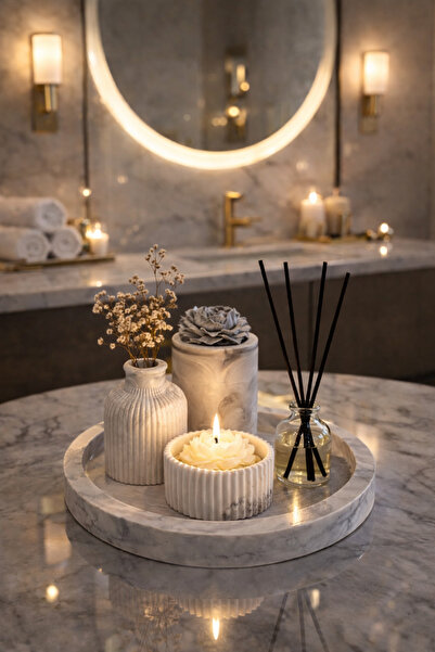 Sirius Atelier Dekoratif 5’li Set Tepsi - Şakayık Mum - Çizgili Vazo - Oda Ko...