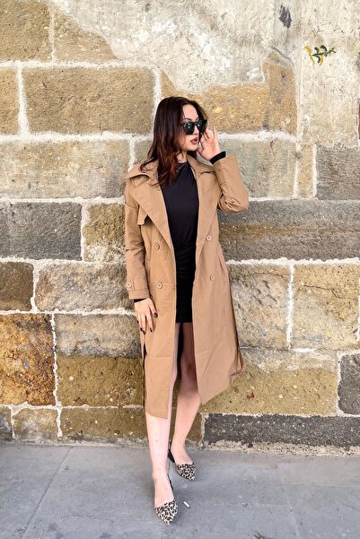 Tmptekstil Asymmetric Collar Button Detail Belted Trench Coat-Camel Camel