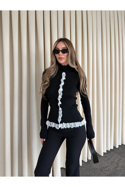 Laluvia Black Mock Neck Lace Detailed Cardigan - 2726