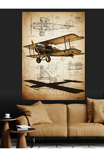 Artmeg Plan tehnic cu avion cu elice veche, pânză decorativă - Tablou din lem...