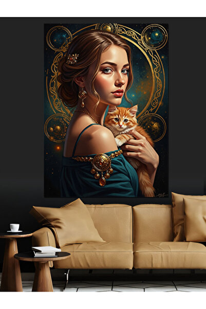 Artmeg Beautiful Woman Hugging Her Cat Portrait Decorative Canvas - Mdf Wood ...