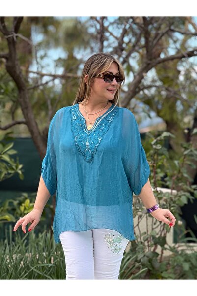 Punta Otantik Nc92895 Yakası Guipure Lace Italian İ Silk Luz Petrol