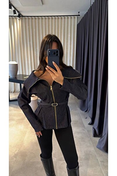 Kedi Fashion Gold Fermuar Detaylı Kemerli Gömlek