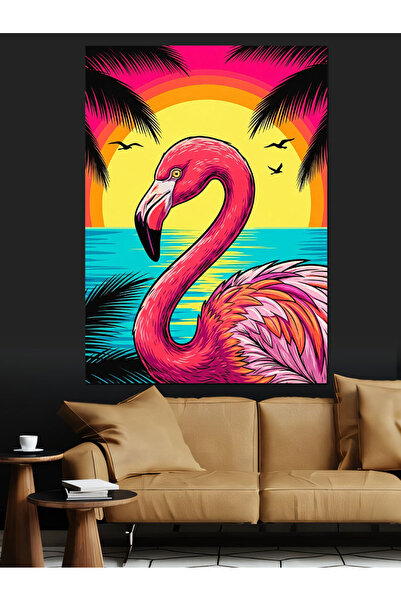 Artmeg Pânză decorativă cu palmieri și flamingo la apus de soare - Tablou din...