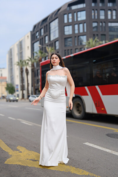 fevzuss Saten Beyaz Korse Detaylı Abiye