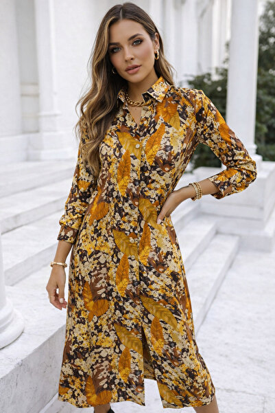 Rich Women's Gold Cotton Satin Buttoned Patterned Long Sleeve Midi Length Pre...