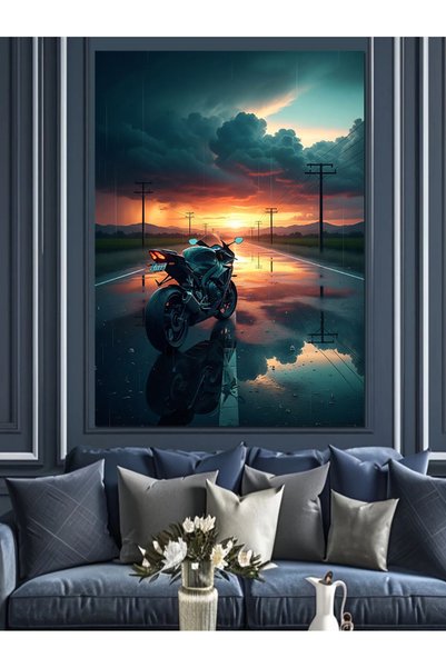 Artmeg Pânză decorativă cu motocicletă pe marginea drumului la apusul soarelu...