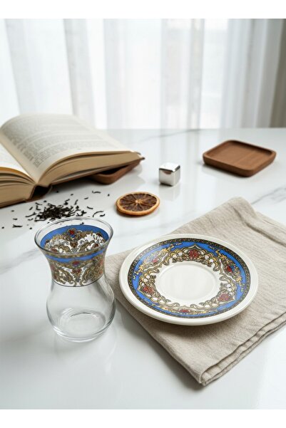 KÜTAHYA HOME Glass Tea Cup and Saucer Set with Turkish Motif Patterns - 4 Pie...