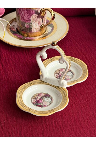 ROSSEV وعاء بورسلين للحلويات التركية 6 قطع 24 قيراط فلوريس 15*9 سم