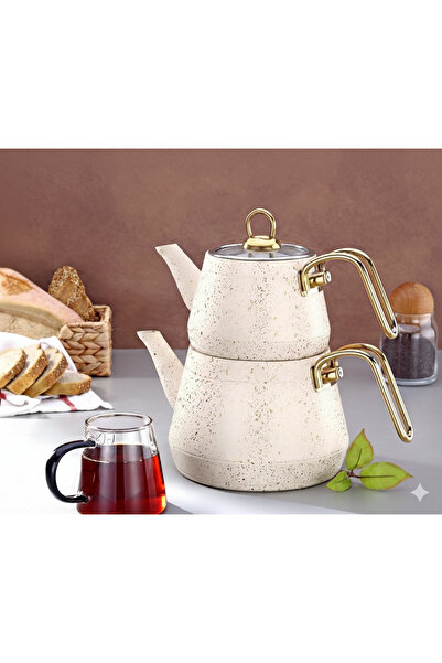 ENFERA DOĞAL TAŞ Kımet Lüks Granit Çaydanlık Takımı Krem Gold Detaylı 2’li De...