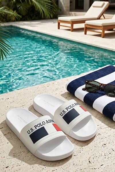 U.S. Polo Assn. Papuci albi pentru bărbați/unisex, confortabili, cu logo, pen...