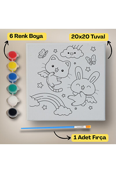 hediye hobim 20x20 Çocuklar İçin Boyama Tuvali Seti – 6 Renk Boya + Fırça Dah...