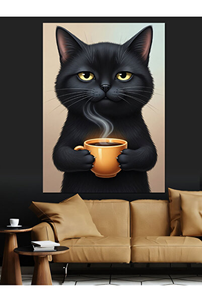 Artmeg Pânză decorativă cu pisică neagră serioasă care bea cafea - Tablou din...