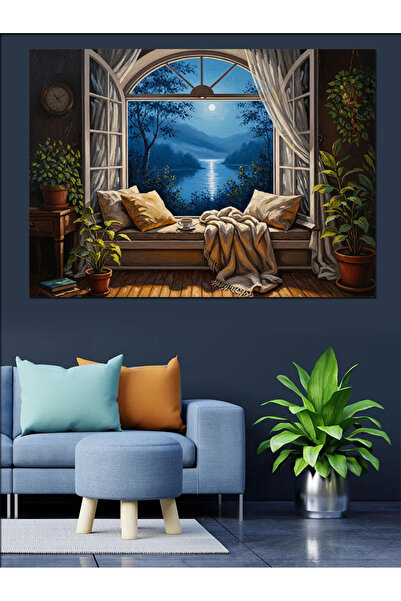 Artmeg Night View of the Lake Next to the Window Decorative Canvas - Mdf Wood...