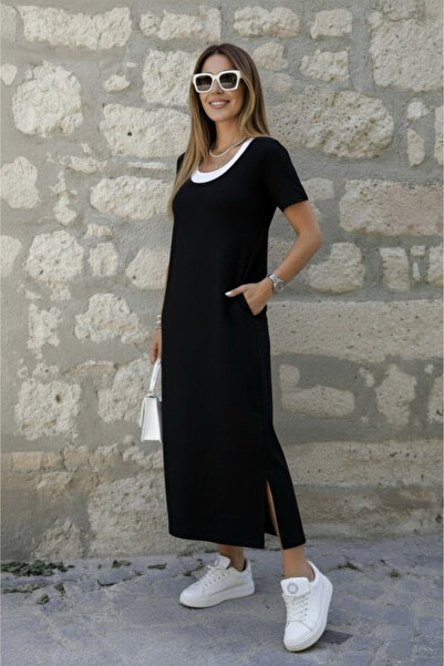 Modayakamoz Yeni Sezon Kadın Kısa Kollu İçi Atlet Görünümlü Yandan Yırtmaçlı ...