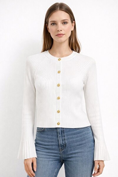 CGA Women's White Cardigan Crew Neck Spanish Sleeve Gold Button Cardigan