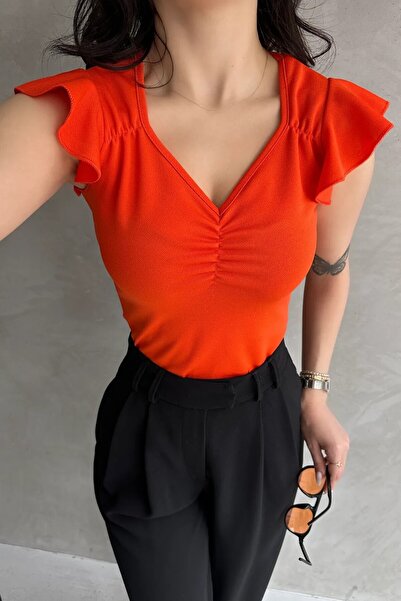 OLSAMODA Women's Heart Collar Front Ruched Shoulder Ruffles Stretchy Knitted ...