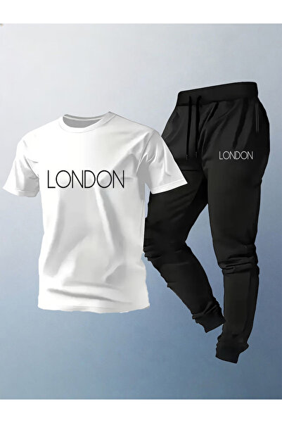 Rayan & Hoor Style تيشيرت رجالي أسود أبيض مطبوع بدلة رياضية صيفية سوداء