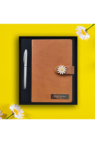 Ajanda Dünyası Kişiye Özel Papatya Aksesuarlı Defter Kalem Seti