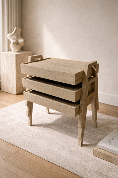 Lisso Tafo 3'lü Tepsi Zigon Sehpa Traverten Desen İç İçe Geçme 50x35 Tabla