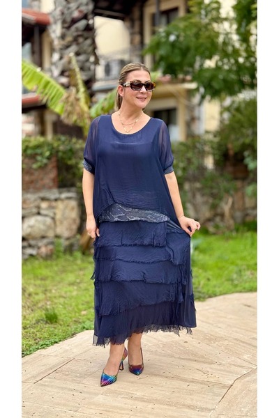 Punta Otantik NC7266 Rochie italiană cu volane din paiete, mătase lbise, bleu...