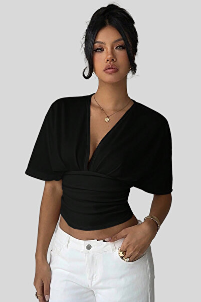 Edela V-Neck Sleeves Loose Fitting Waist Short-Sleeved Stretchy Women's Blouse