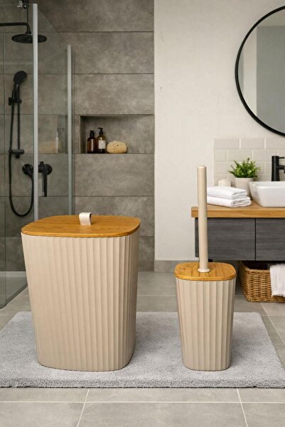 Okyanus Home Sapphire Adhesive Wooden Detailed Wc Brush Holder and Trash Can ...