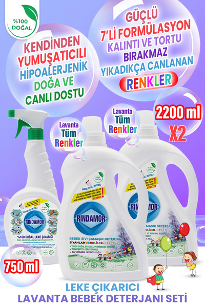 RINDAMOR %100 Doğal Bitkisel Organik Lavanta Yağlı Bebek Çamaşır Deterjanı & Leke Çıkarıcı Seti