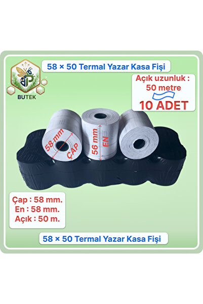58x50; 10 Adet Rulo; Termal Yazar Kasa Pos Rulosu, Yazar Kasa Fişi