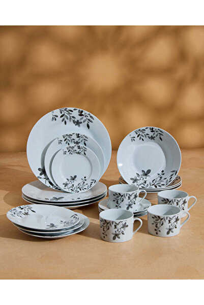 REDTAG Floral Printed Dinner Set – White with Grey Botanical Design (20 Piece)