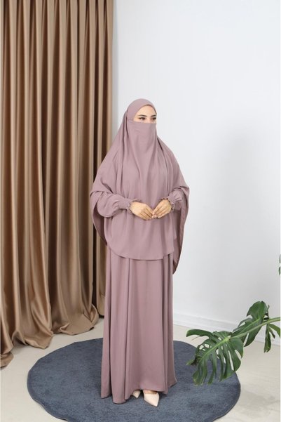 HNT Hayrunnisa Tesettür Ferace Sufle Veil Set Powder (Umre and Hajj Clothing) Hnt70321