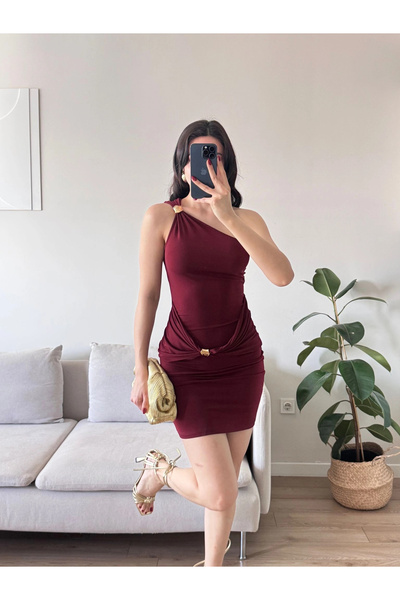 Zoom Butik Aksesuarlı Tek Omuz Elbise -BORDO