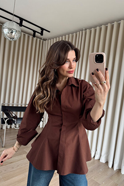 Sue Store Brown Waist-Fitted Pleated Shirt
