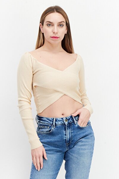 Brave Soul Women Surplice Neck Long Sleeve Ribbed Top, Beige