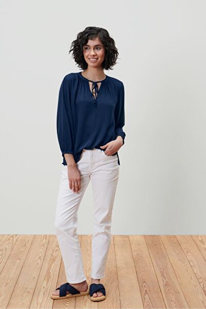 Tchibo Women Tie Neck Long Sleeves Plain Blouse, Navy Blue