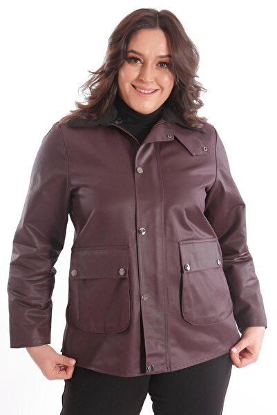 Metpoint Plus Mode Büyük Beden Kadife Yakalı Çıt Çıt Düğme Detaylı Bordo Kaban