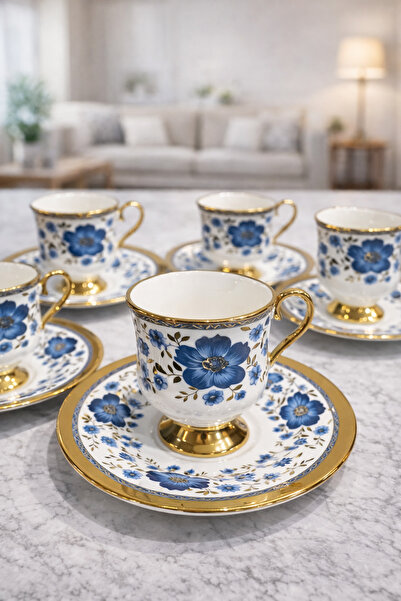 Ela&Elis Gracella Gold Gilded Footed Turkish Coffee Cup 90 Cc-Navy Blue