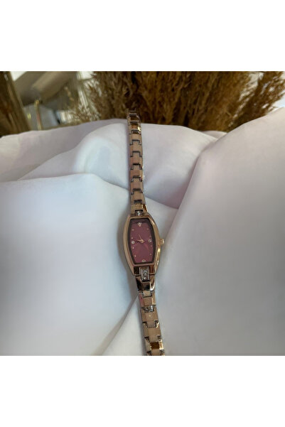 Shinex Accessory Bronz Kahve Kordon Minimal Taşlı Bordo Kadran Kadın Kol Saati
