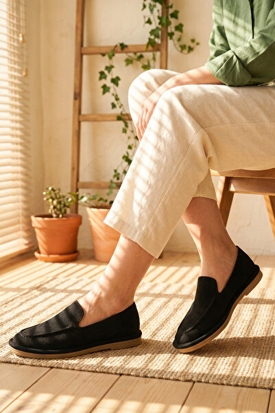 Moda Değirmeni Pantofi negri piele întoarsă pentru femei loafers MD1202-113-0001