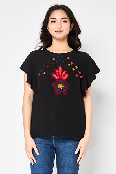 Desigual Women Round Neck Ruffle Sleeve Textured Blouse, Black